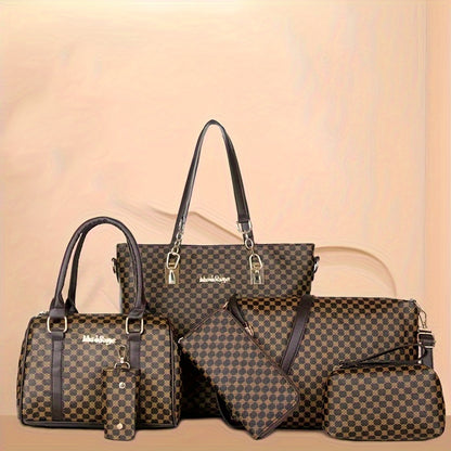 6pcs Fashion-Forward Geometric Bag Collection – Stylish Tote, Chic Boston Handbag, Versatile Crossbody, Spacious Wallet, Elegant Clutch and Key Holder Set for Women
