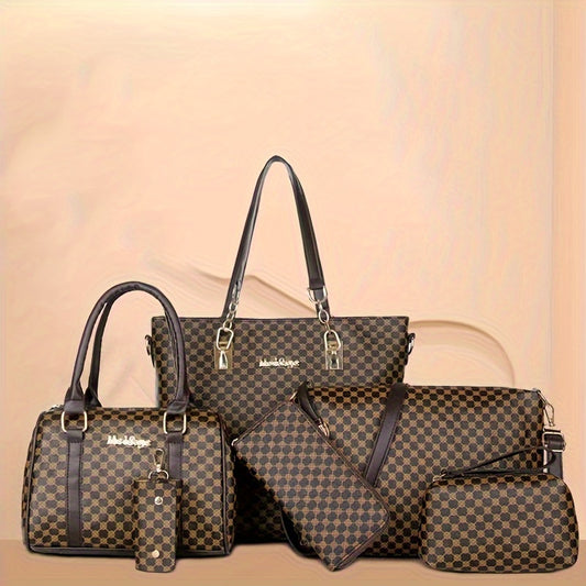 6pcs Fashion-Forward Geometric Bag Collection – Stylish Tote, Chic Boston Handbag, Versatile Crossbody, Spacious Wallet, Elegant Clutch and Key Holder Set for Women