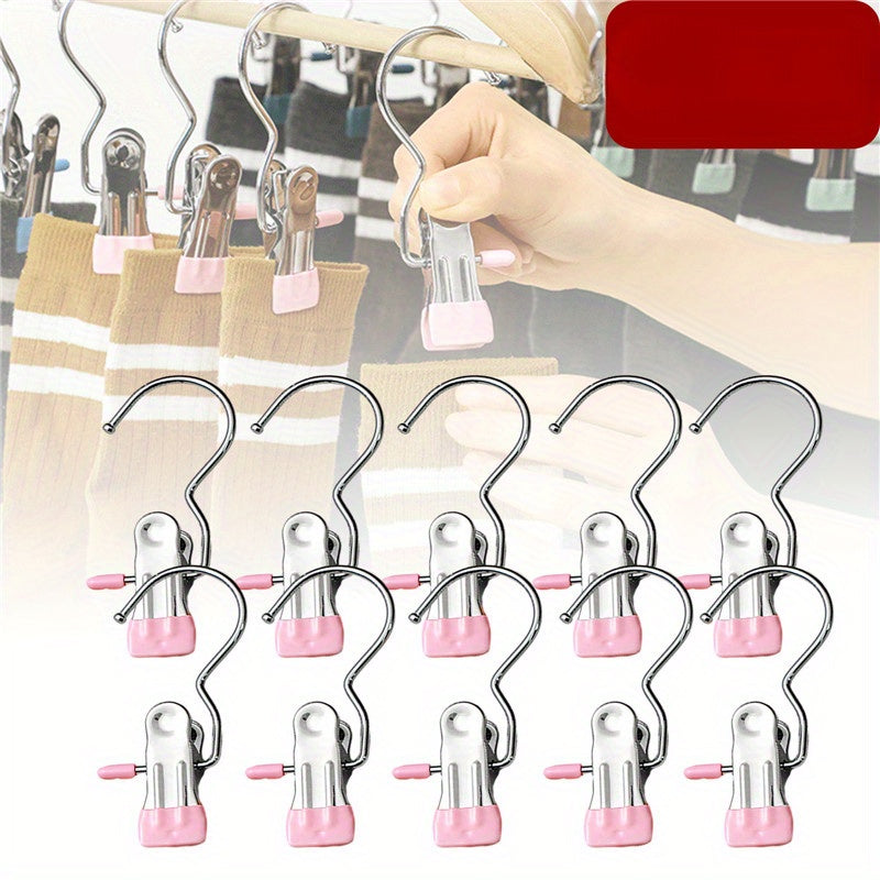 10PCS Stainless Steel Clothespins - Laundry Pegs with Hooks, Portable Hanging Clips & Closet Organizer Hangers