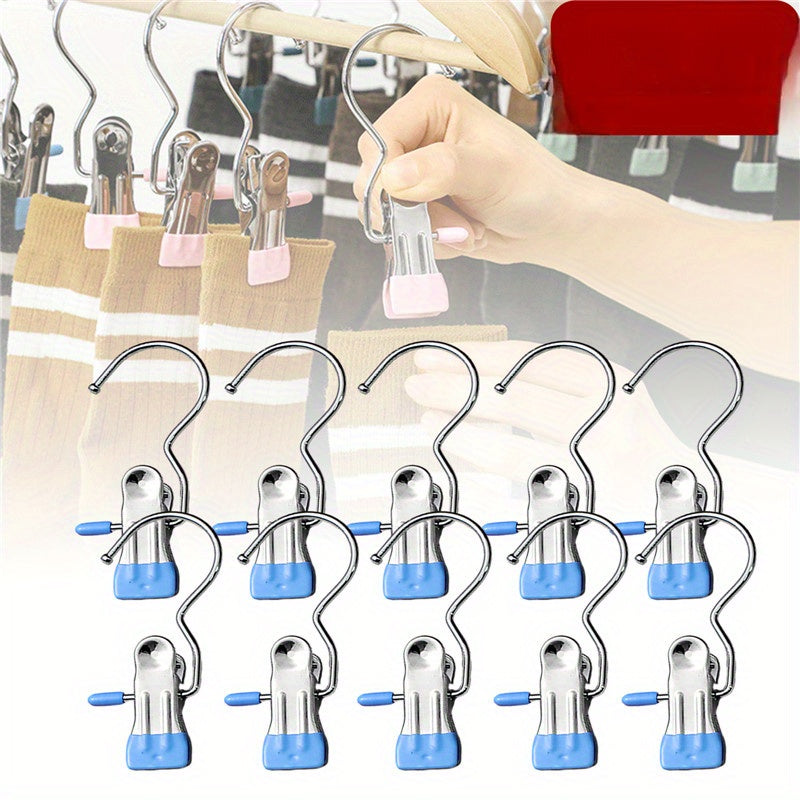 10PCS Stainless Steel Clothespins - Laundry Pegs with Hooks, Portable Hanging Clips & Closet Organizer Hangers