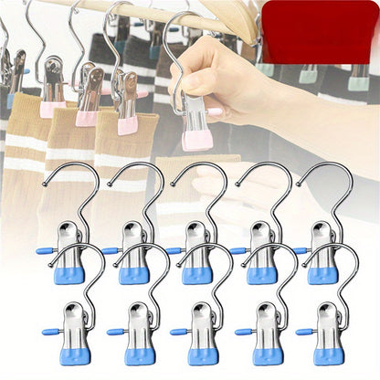 10PCS Stainless Steel Clothespins - Laundry Pegs with Hooks, Portable Hanging Clips & Closet Organizer Hangers