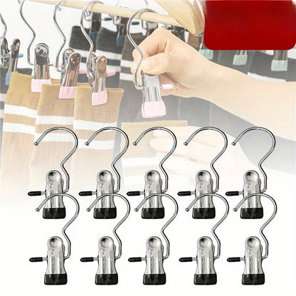 10PCS Stainless Steel Clothespins - Laundry Pegs with Hooks, Portable Hanging Clips & Closet Organizer Hangers