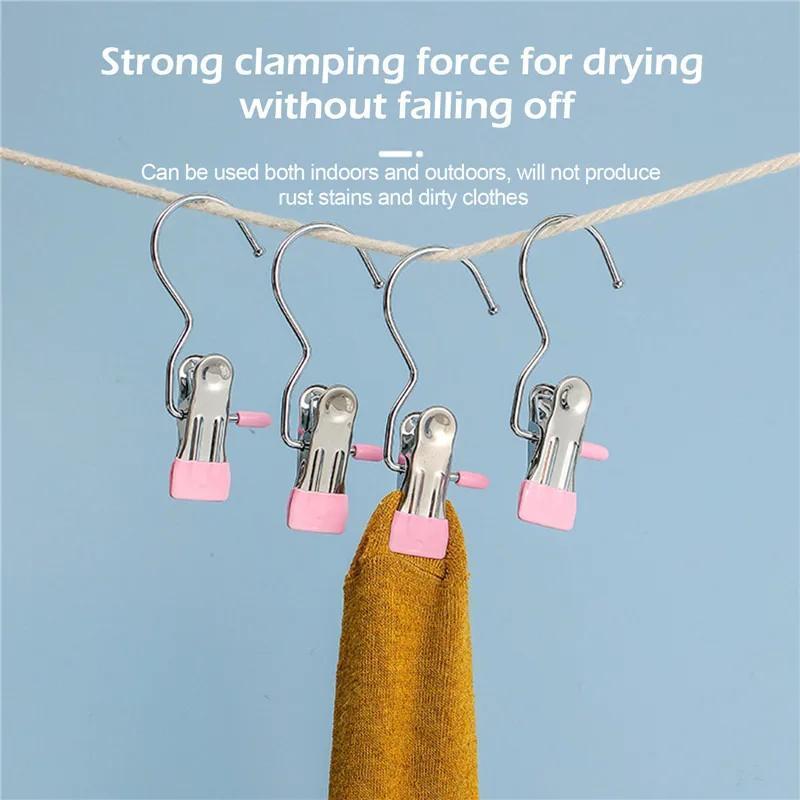 10PCS Stainless Steel Clothespins - Laundry Pegs with Hooks, Portable Hanging Clips & Closet Organizer Hangers