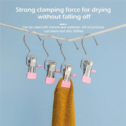 10PCS Stainless Steel Clothespins - Laundry Pegs with Hooks, Portable Hanging Clips & Closet Organizer Hangers