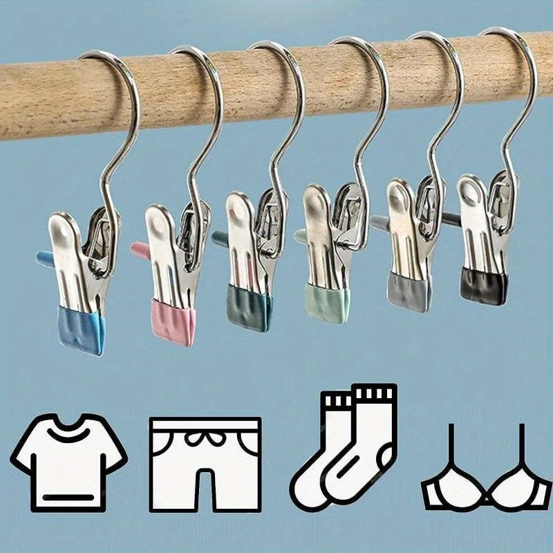 10PCS Stainless Steel Clothespins - Laundry Pegs with Hooks, Portable Hanging Clips & Closet Organizer Hangers