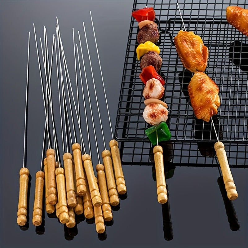 10pcs Premium Stainless Steel BBQ Skewers with Wooden Handle – Multifunctional, Durable Grilling Needles for Outdoor Cooking – Perfect for Summer Parties and Family Gatherings