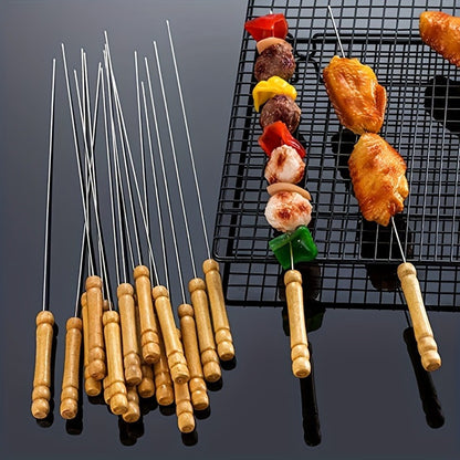 10pcs Premium Stainless Steel BBQ Skewers with Wooden Handle – Multifunctional, Durable Grilling Needles for Outdoor Cooking – Perfect for Summer Parties and Family Gatherings