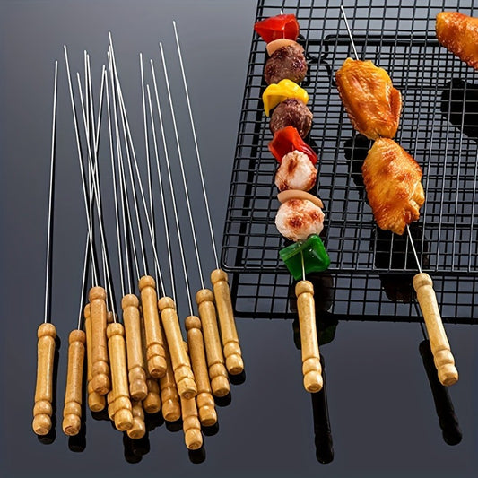 10pcs Premium Stainless Steel BBQ Skewers with Wooden Handle – Multifunctional, Durable Grilling Needles for Outdoor Cooking – Perfect for Summer Parties and Family Gatherings