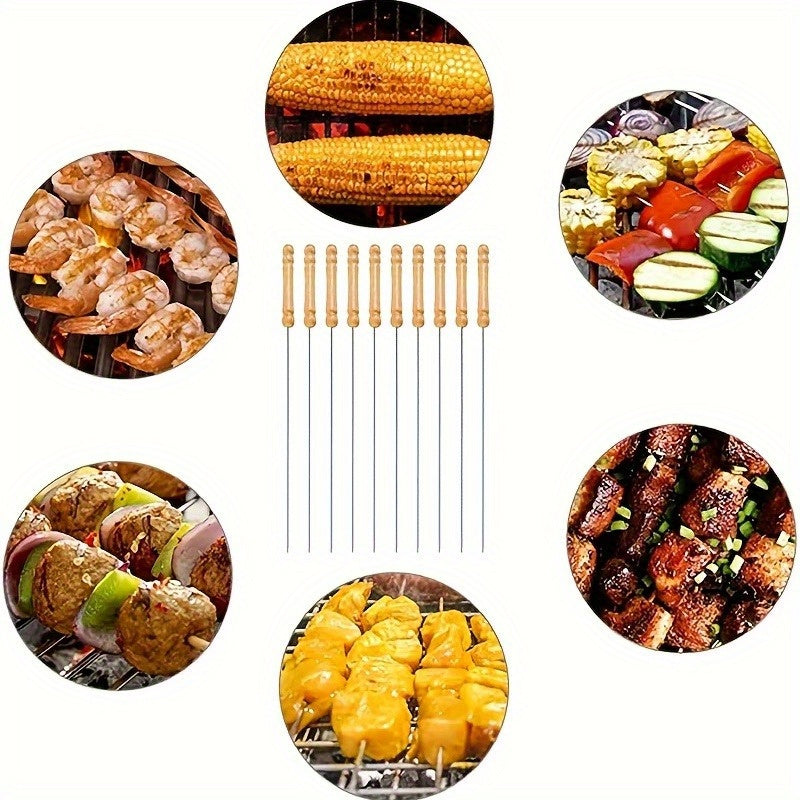 10pcs Premium Stainless Steel BBQ Skewers with Wooden Handle – Multifunctional, Durable Grilling Needles for Outdoor Cooking – Perfect for Summer Parties and Family Gatherings