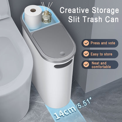 1pc Bathroom Trash Can - Household Creative Gap Waste Bin, Press Type with Lid, 2.64gal Capacity, Simple Paper Basket, Home Essential Cleaning Supply