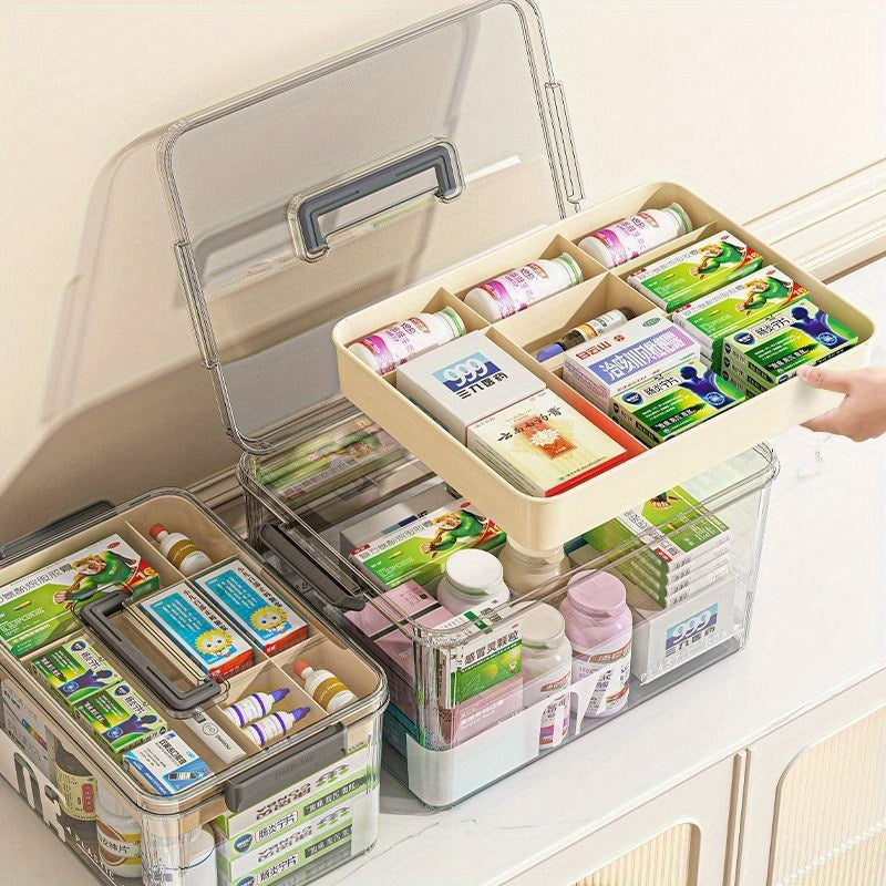 Medicine Storage Box with Handles and Multi-Layer Design – Large Capacity Plastic Pills Box for Household, Portable Medical Storage Organizer for Bedroom, Bathroom, Office, Desk
