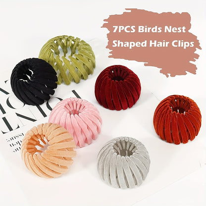 7 Piece Velvet Bird's Nest Magic Hair Clips - Monochrome Ponytail Holders and Lazy Ball Head Fixing Plates