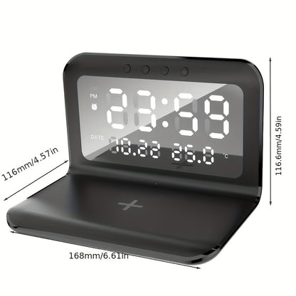 30W Fast Wireless Charger Pad Stand with Alarm Clock, Thermometer, and LED Display – Space-Saving Design for Home or Office