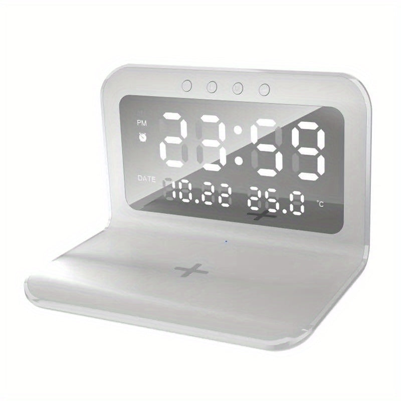 30W Fast Wireless Charger Pad Stand with Alarm Clock, Thermometer, and LED Display – Space-Saving Design for Home or Office