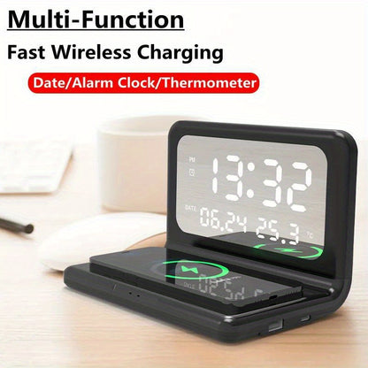 30W Fast Wireless Charger Pad Stand with Alarm Clock, Thermometer, and LED Display – Space-Saving Design for Home or Office