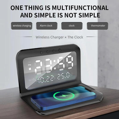 30W Fast Wireless Charger Pad Stand with Alarm Clock, Thermometer, and LED Display – Space-Saving Design for Home or Office