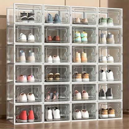 6/12pcs Large Capacity Transparent Plastic Shoe Boxes - Thickened, Clip-On Lid, Foldable, Stackable - Space-Saving Storage Organizer for Entryway, Bedroom, Home, Dorm - Easy to Assemble