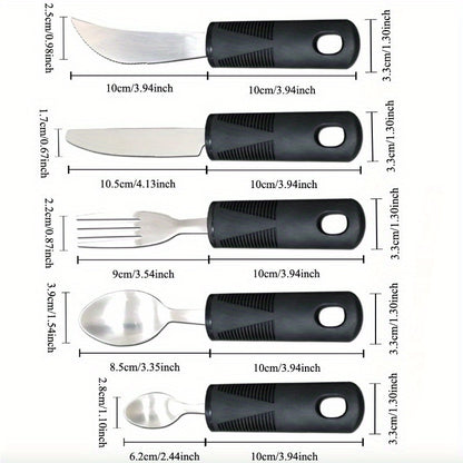 Adaptive Utensils for Elderly – Large Spoon, Fork, Knife with Anti-Shake, Non-Slip Handles, Stainless Steel Silverware for Hand Tremors and Arthritis