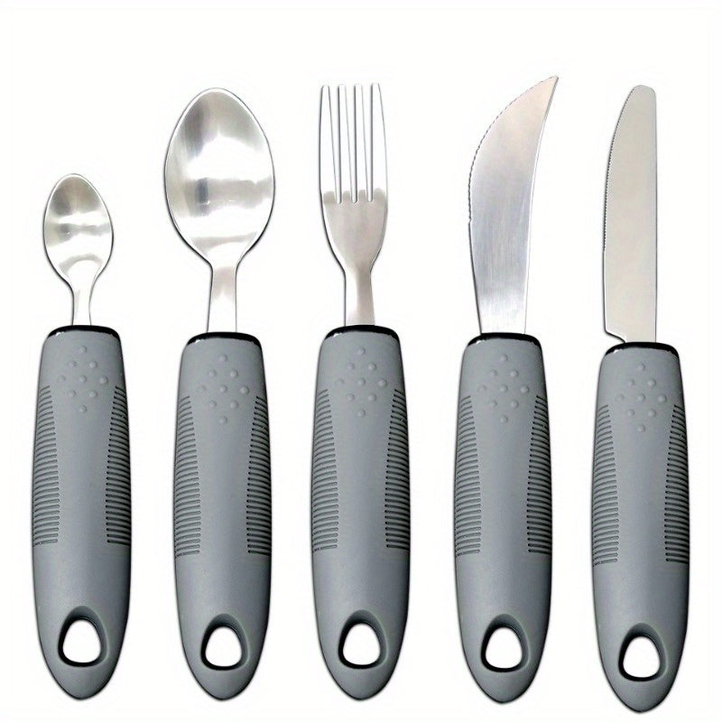 Adaptive Utensils for Elderly – Large Spoon, Fork, Knife with Anti-Shake, Non-Slip Handles, Stainless Steel Silverware for Hand Tremors and Arthritis