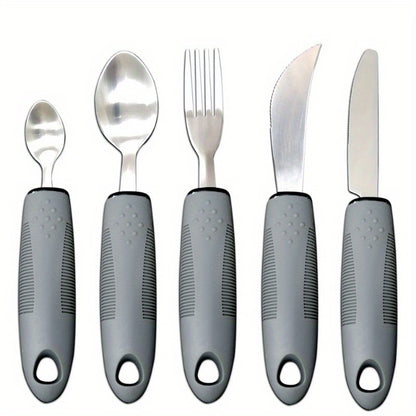 Adaptive Utensils for Elderly – Large Spoon, Fork, Knife with Anti-Shake, Non-Slip Handles, Stainless Steel Silverware for Hand Tremors and Arthritis