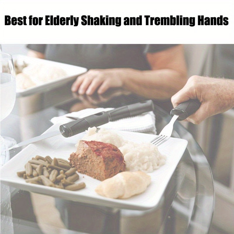 Adaptive Utensils for Elderly – Large Spoon, Fork, Knife with Anti-Shake, Non-Slip Handles, Stainless Steel Silverware for Hand Tremors and Arthritis