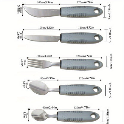 Adaptive Utensils for Elderly – Large Spoon, Fork, Knife with Anti-Shake, Non-Slip Handles, Stainless Steel Silverware for Hand Tremors and Arthritis