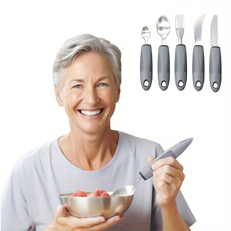 Adaptive Utensils for Elderly – Large Spoon, Fork, Knife with Anti-Shake, Non-Slip Handles, Stainless Steel Silverware for Hand Tremors and Arthritis