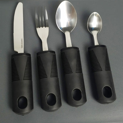 Adaptive Utensils for Elderly – Large Spoon, Fork, Knife with Anti-Shake, Non-Slip Handles, Stainless Steel Silverware for Hand Tremors and Arthritis