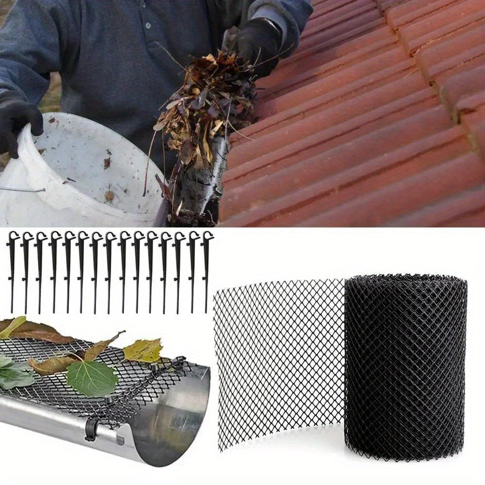 Easy-Install Gutter Guard Mesh – UV-Resistant, Bird & Leaf Proof, 5.91"x236" with Fixing Hooks for Eaves & Garden Protection