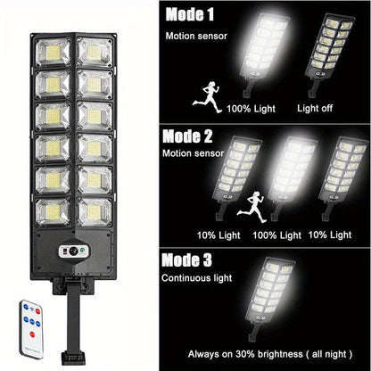 1 PCS Solar Street Light: 6500K 100000LM with 504 LEDs, Dusk to Dawn Solar Flood Light with Wide Angle Motion Sensor and Remote Control for Commercial and Yard Lighting