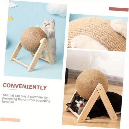 Durable Sisal Cat Scratching Post - Stable Toy for Kittens and Rabbits with Rotating Ball, Wear-Resistant Wooden Base