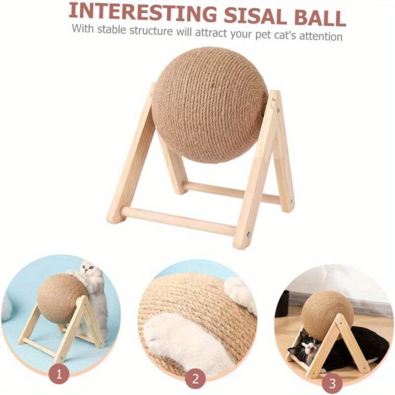 Durable Sisal Cat Scratching Post - Stable Toy for Kittens and Rabbits with Rotating Ball, Wear-Resistant Wooden Base