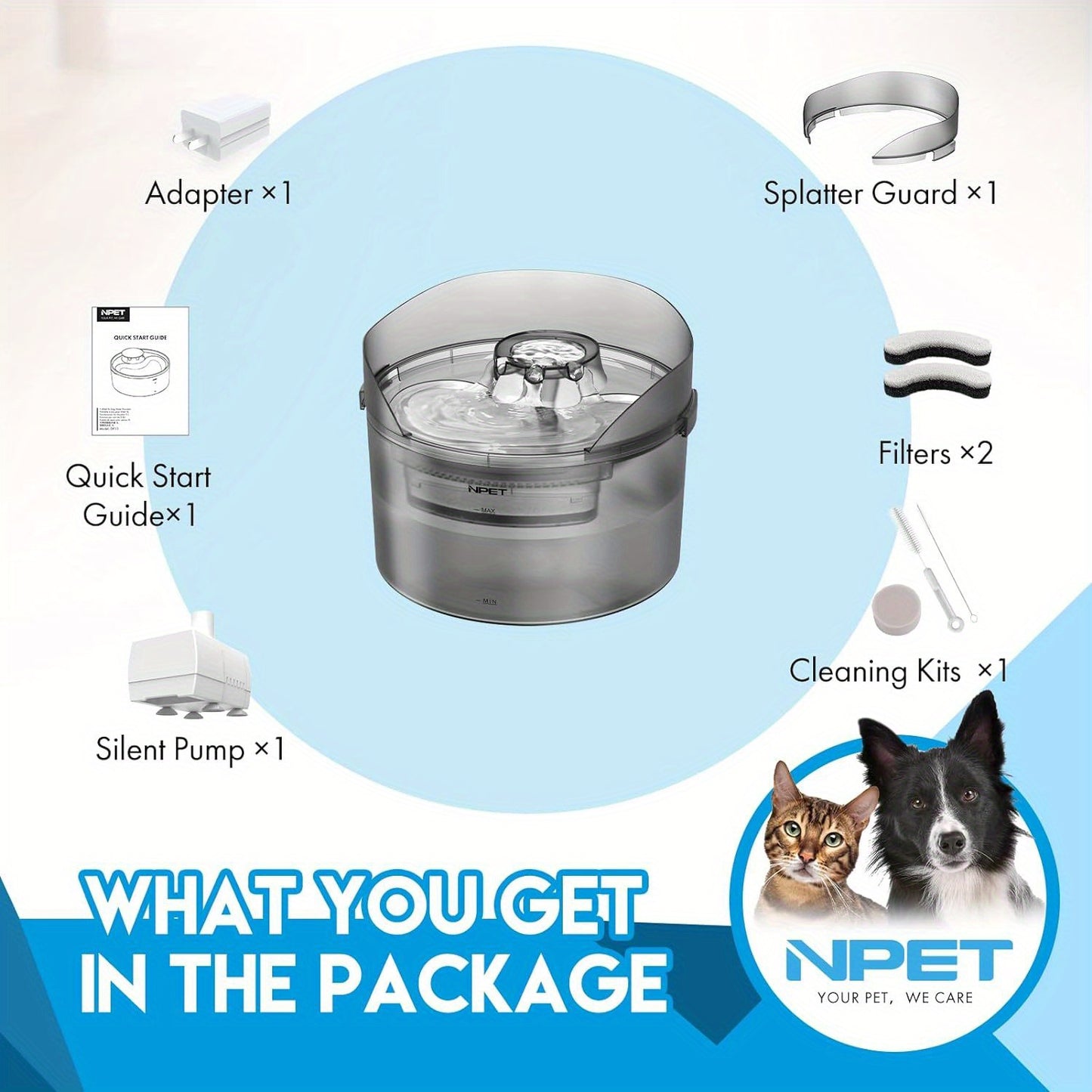 NPET DF30 Dog Water Fountain - 2 Gallon /270oz/8L Large Automatic Pet Water Bowl Dispenser, with Splatter Guard & Cleaning Kit, Ideal for Large Dogs and Multiple Pets