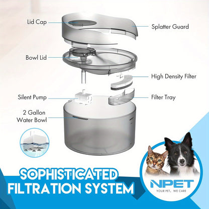 NPET DF30 Dog Water Fountain - 2 Gallon /270oz/8L Large Automatic Pet Water Bowl Dispenser, with Splatter Guard & Cleaning Kit, Ideal for Large Dogs and Multiple Pets