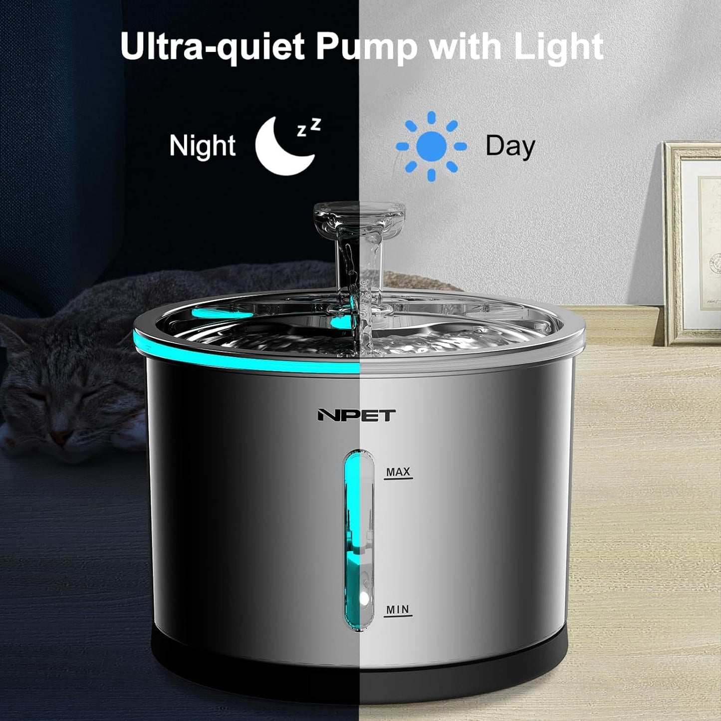 NPET WF210 Stainless Steel Cat Water Fountain 50oz/1.5L - Dishwasher Safe, Ultra Quiet Automatic Pet Water Dispenser with Visible Window and Light for Indoor Cats