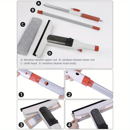 Multifunctional Window Squeegee with Spray - Glass Wiper with Silicone Scraper, Extendable Pole for Cleaning Glass, Bathroom, Kitchen, and Walls