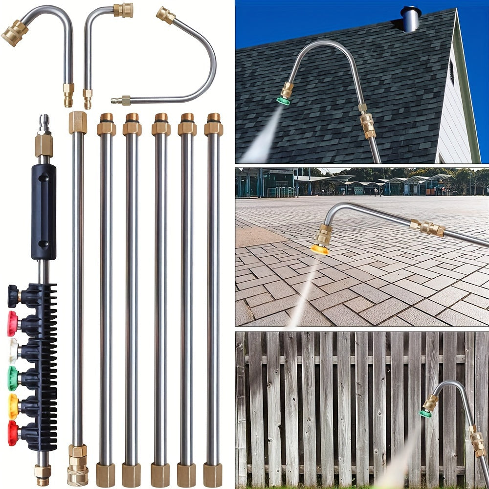 10pcs High-Pressure Washer Extension Wand Kit – 4000 PSI, 1/4 Quick Connect, 6 Nozzle Tips, Gutter Cleaning Curved Rod 30°, 90°, 120° – Ideal for Roof Drainage, Exterior Walls, and Heavy-Duty Cleaning Tasks