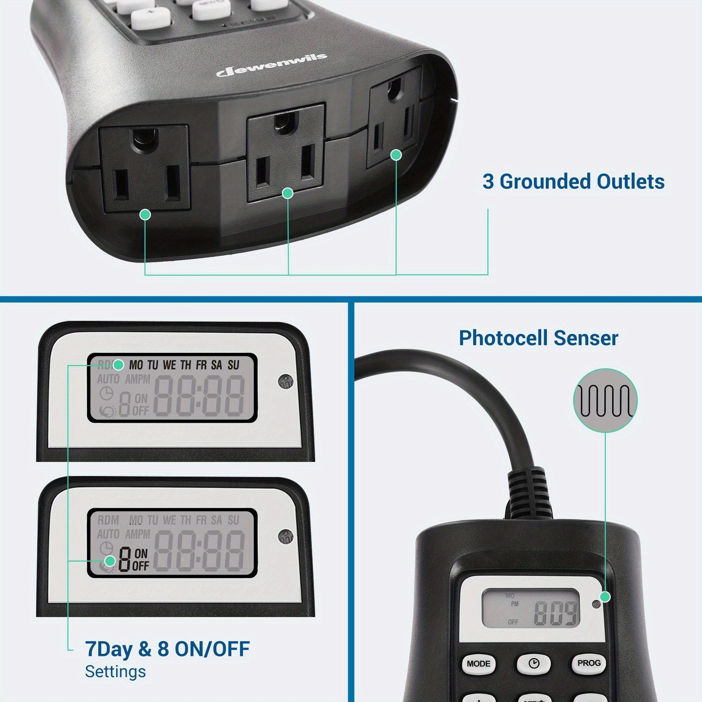 7 Day Programmable Outdoor Digital Light Timer Plug - Weather-Resistant with 3 Grounded Outlets, Energy-Efficient for Patio, Garden, and Seasonal Lighting