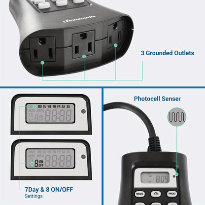 7 Day Programmable Outdoor Digital Light Timer Plug - Weather-Resistant with 3 Grounded Outlets, Energy-Efficient for Patio, Garden, and Seasonal Lighting