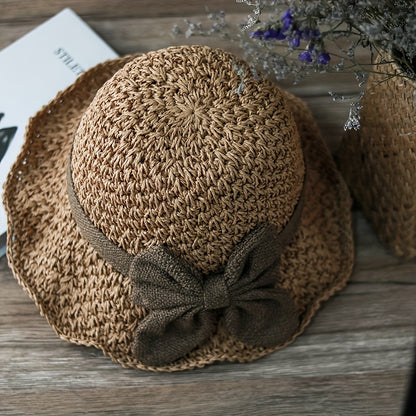 Retro Ruffled Bow Straw Hat - Elegant French Style Foldable & Breathable Sun Hat for Travel & Beach