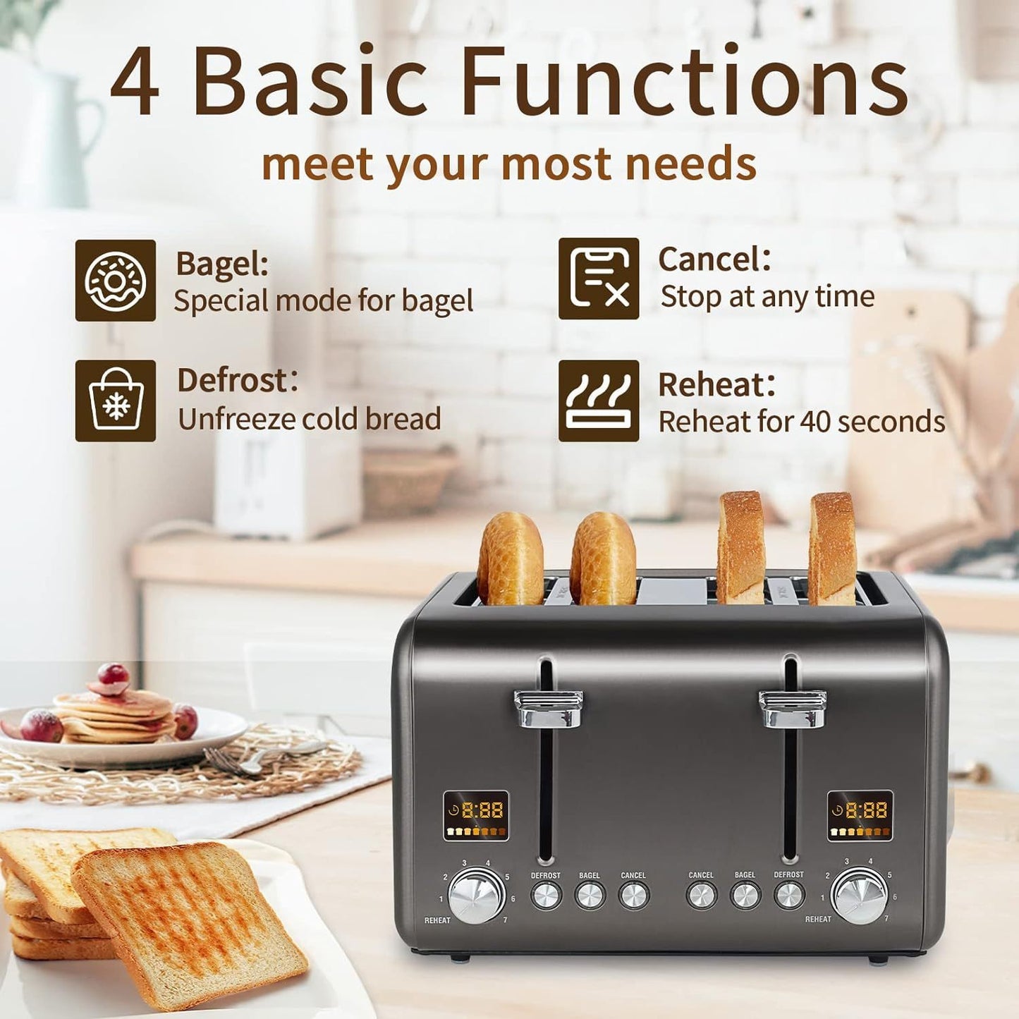 4 Slice Toaster, Stainless Steel with Color LCD Display – 7 Shade Settings, 1.4'' Wide Slots, Bagel/Defrost/Reheat Functions, Removable Crumb Tray, 1800W