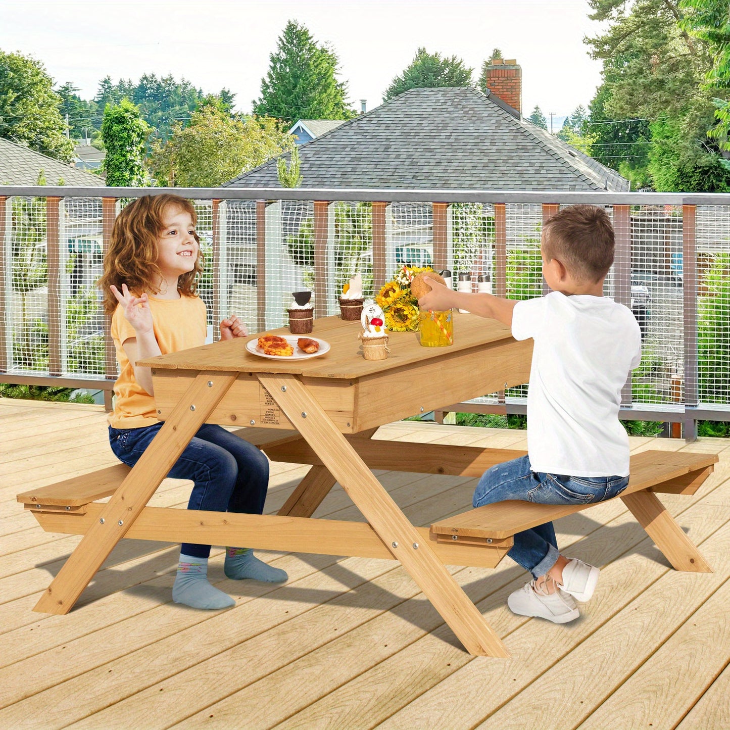 LIFEZEAL 3 in 1 Kids Picnic Table – Wooden Outdoor Sand & Water Table with Play Boxes