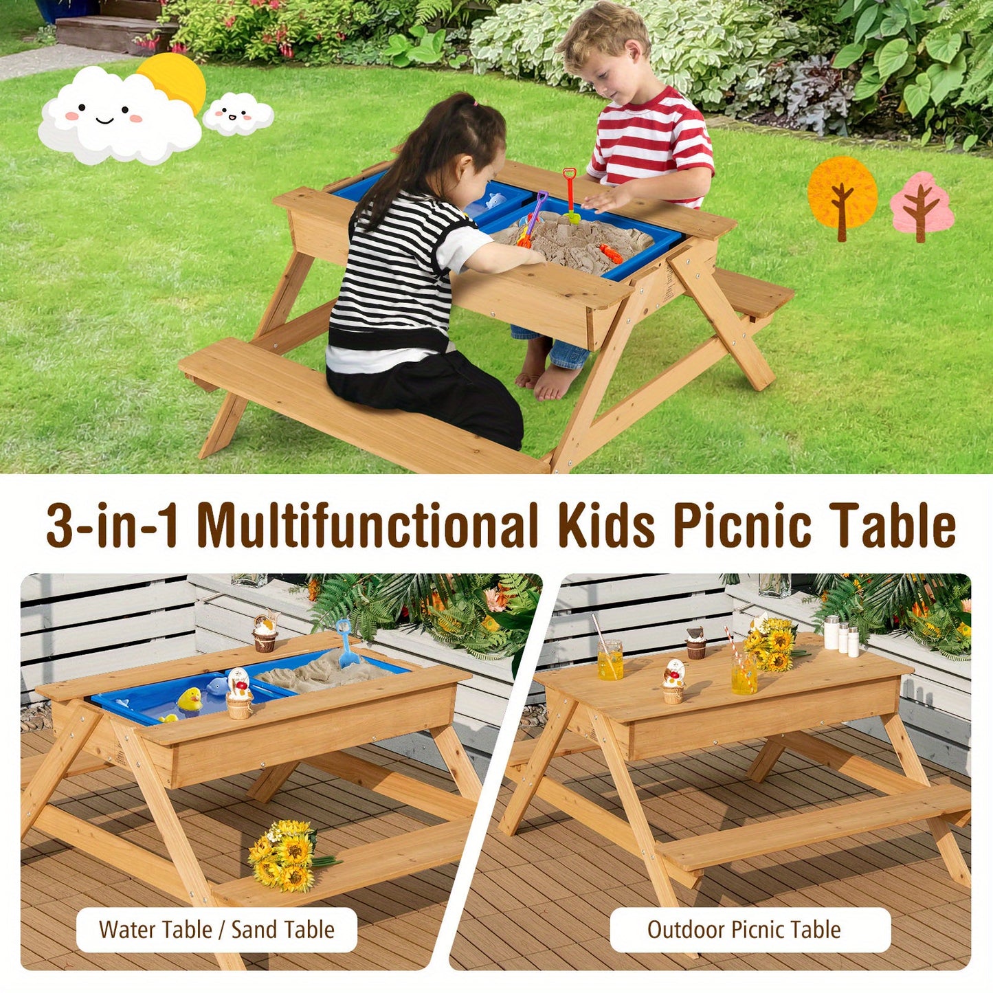 LIFEZEAL 3 in 1 Kids Picnic Table – Wooden Outdoor Sand & Water Table with Play Boxes