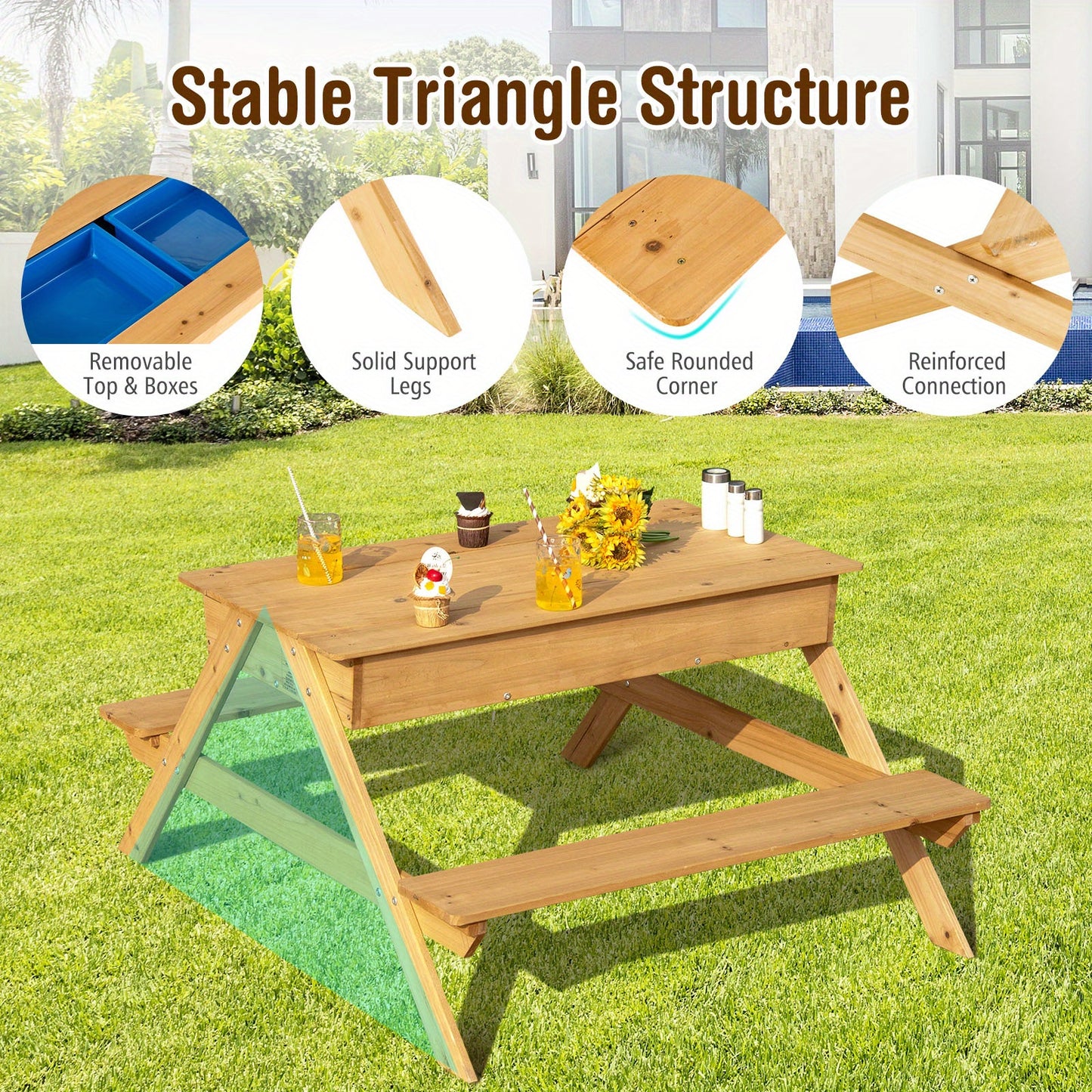 LIFEZEAL 3 in 1 Kids Picnic Table – Wooden Outdoor Sand & Water Table with Play Boxes