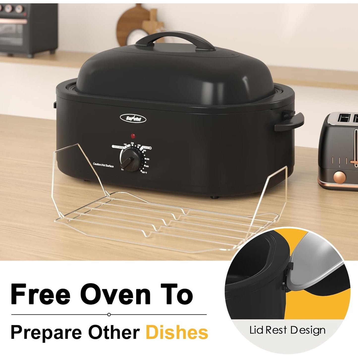 8QT Electric Roaster Oven - Large Capacity with Self-Basting Lid, Removable Pan & Rack, 150-450°F Temperature Control, Stainless Steel, Easy Clean Design