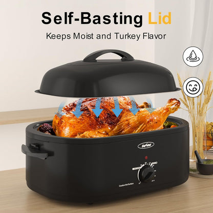8QT Electric Roaster Oven - Large Capacity with Self-Basting Lid, Removable Pan & Rack, 150-450°F Temperature Control, Stainless Steel, Easy Clean Design