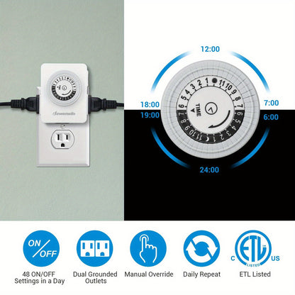 2 Pack DEWENWILS 24-Hour Mechanical Indoor Timer - Programmable Plug-in with 2 Grounded Outlets, Daily On/Off Cycle - Model HIMT12W