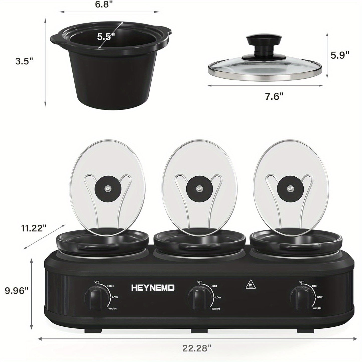 3 x 1.5QT Triple Slow Cooker - Buffet Server with 3 Cooking Settings, Dishwasher-Safe Ceramic Pots, Glass Lids, in Black