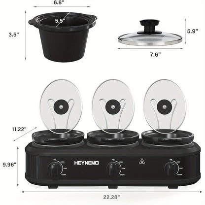 3 x 1.5QT Triple Slow Cooker - Buffet Server with 3 Cooking Settings, Dishwasher-Safe Ceramic Pots, Glass Lids, in Black