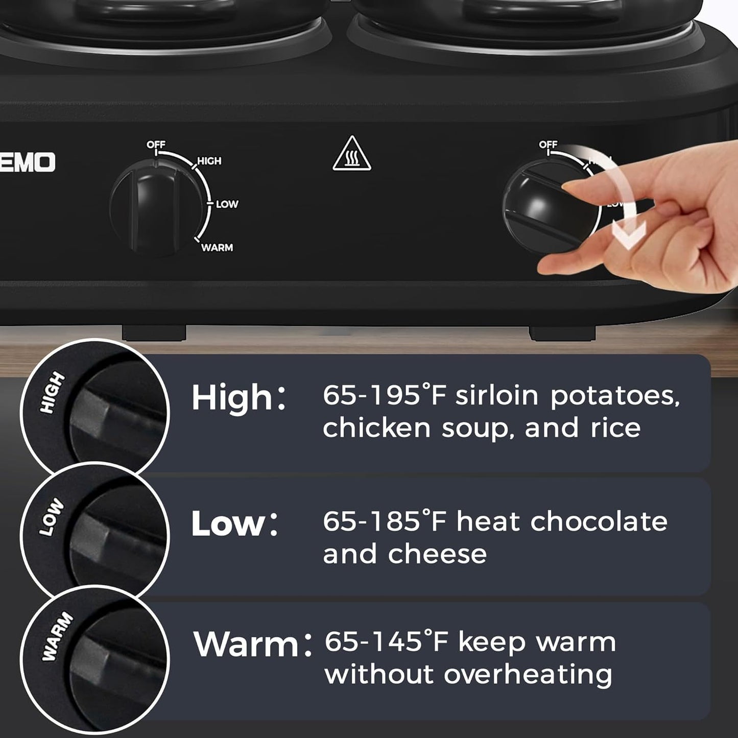3 x 1.5QT Triple Slow Cooker - Buffet Server with 3 Cooking Settings, Dishwasher-Safe Ceramic Pots, Glass Lids, in Black